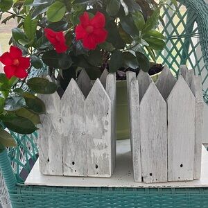 Pair Of Handmade Rustic Wood Flower Pot Holders Styled As Picket Fence
